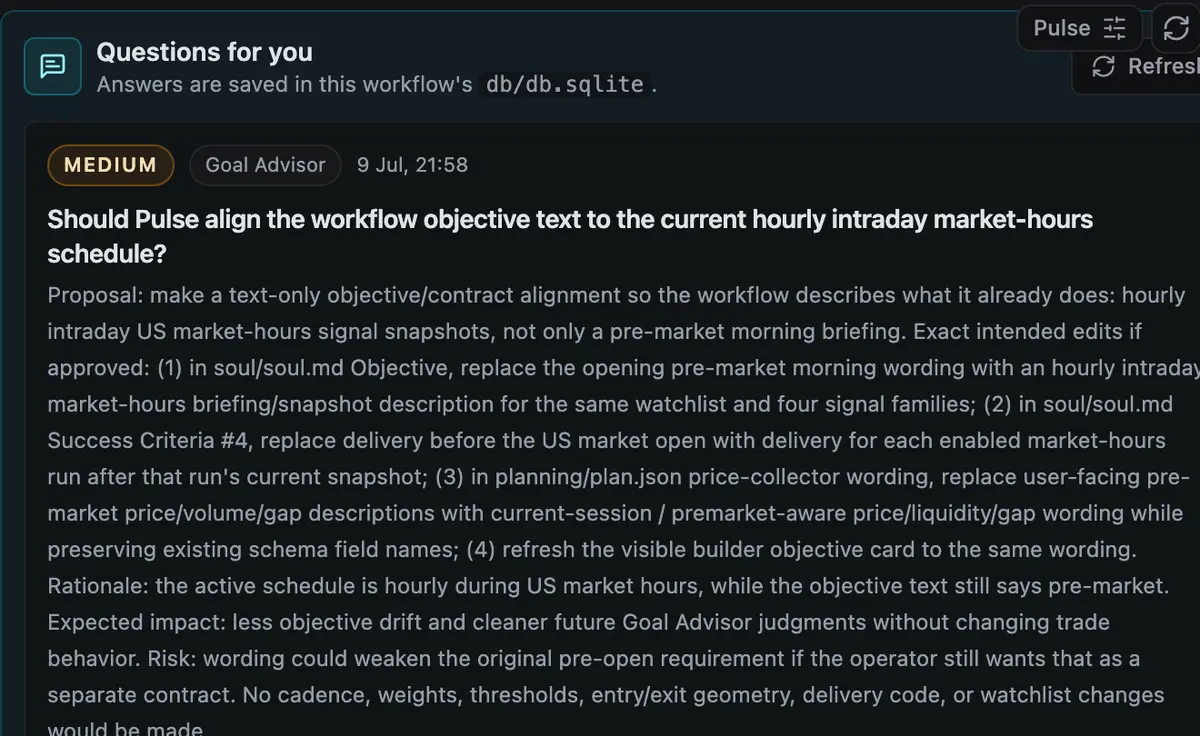 Pulse presenting a focused business-context question to the operator.